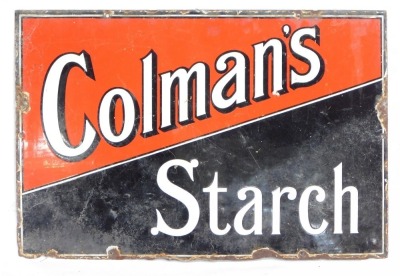 A Colmans Starch metal and enamel sign, on a red and black ground with white writing, 41cm x 63cm. - 2