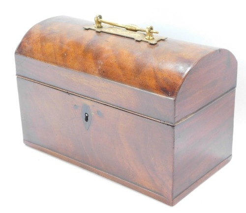 A late 19thC mahogany tea caddy, with domed top and brass swing handle, with fitted interior, one lid missing, 17cm high, 24cm wide, 13cm deep.