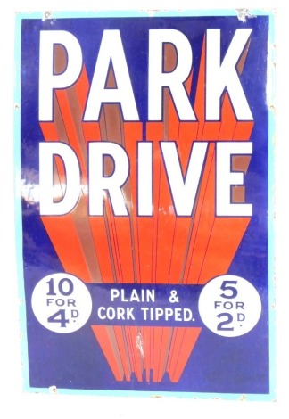 A Park Drive enamel sign, with a turquoise border on a royal blue and red and white ground, 92cm x 62cm.