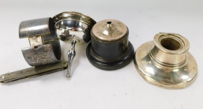 A group of silver wares, comprising of George V silver Capstan inkwell, with loaded base, (AF), a Victorian engraved silver bangle, with bird, and a silver trophy for the Boy's Single Champion John Newton, on a weighted base, (AF), ½oz, and a penknife. ( - 2