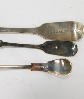 Three Georgian and later spoons, comprising a Georgian toddy ladle, hallmarks rubbed, a Victorian serving ladle, Fiddle pattern, bearing the initials CLK, 3½oz, and a silver plated sifter spoon. (3) - 2