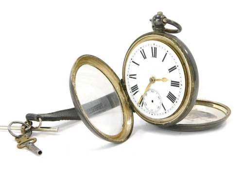 A George V silver pocket watch, with white enamel Roman numeric dial and seconds dial with gold hands, bearing inscription Henry Rayner, 93958, 108g, with leather strap, key wind.