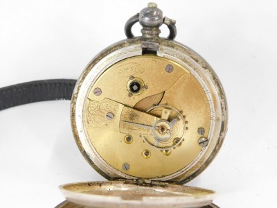 A George V silver pocket watch, with white enamel Roman numeric dial and seconds dial with gold hands, bearing inscription Henry Rayner, 93958, 108g, with leather strap, key wind. - 2