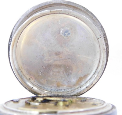 A George V silver pocket watch, with white enamel Roman numeric dial and seconds dial with gold hands, bearing inscription Henry Rayner, 93958, 108g, with leather strap, key wind. - 3