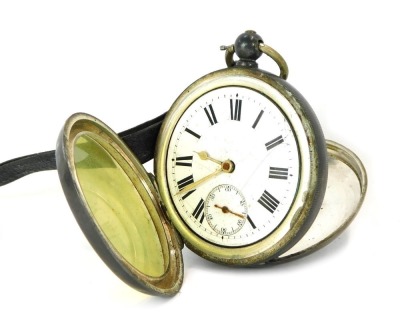 A Victorian silver pocket watch, white enamel Roman numeric dial and seconds dial with gold hands, with a later replacement yellow coloured cover, makers stamp AB, Birmingham c1880, keywind, 158.8g, on leather strap.