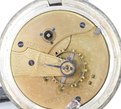 A Victorian silver pocket watch, white enamel Roman numeric dial and seconds dial with gold hands, with a later replacement yellow coloured cover, makers stamp AB, Birmingham c1880, keywind, 158.8g, on leather strap. - 2