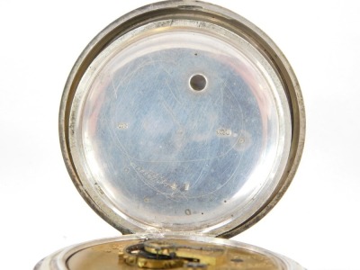 A Victorian silver pocket watch, white enamel Roman numeric dial and seconds dial with gold hands, with a later replacement yellow coloured cover, makers stamp AB, Birmingham c1880, keywind, 158.8g, on leather strap. - 3