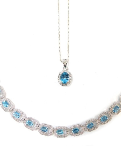 Two items of white metal and stone set jewellery, comprising a blue zircon and tiny diamond set bracelet, in the Art Deco style, white metal stamped 925, 21cm long, and a blue zircon and CZ set cluster pendant, on white metal box link chain, 44cm long, 26