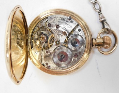 A Waltham USA gold plated hunter pocket watch, with white enamel dial and seconds dial with bezel wind, on a silver curb link watch chain, with swivel imitation amber fob. - 2