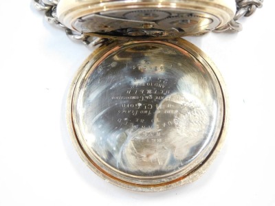 A Waltham USA gold plated hunter pocket watch, with white enamel dial and seconds dial with bezel wind, on a silver curb link watch chain, with swivel imitation amber fob. - 3