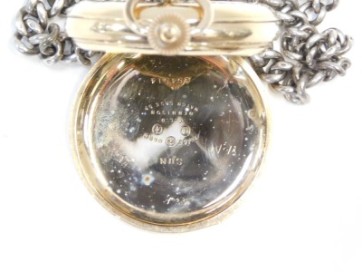 A Waltham USA gold plated hunter pocket watch, with white enamel dial and seconds dial with bezel wind, on a silver curb link watch chain, with swivel imitation amber fob. - 4