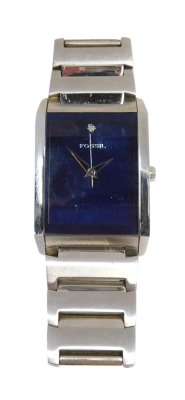 A Fossil wristwatch, with rectangular blue finish dial, set with tiny diamond, in stainless steel case.