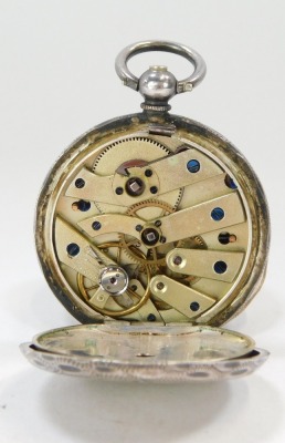 A late 19thC silver fob watch, the square set dial with white enamel back and gilt and blue detailing, with blue hands, in a hammered case with vacant cartouche, stamped 935, keywind, 37.2g all in. - 2