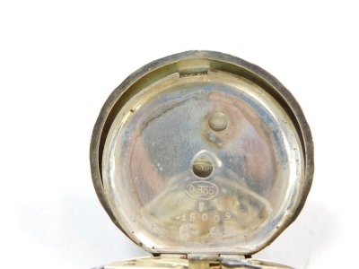 A late 19thC silver fob watch, the square set dial with white enamel back and gilt and blue detailing, with blue hands, in a hammered case with vacant cartouche, stamped 935, keywind, 37.2g all in. - 3