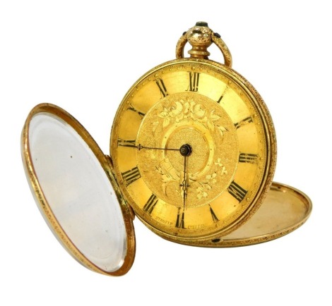 A Continental fob watch, with Roman numeric outer dial and gold coloured dial with central floral crest, and black hands, in a hammered floral case with vacant shield, yellow metal stamped 18k, key wind, 31.2g all in.