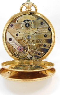 A Continental fob watch, with Roman numeric outer dial and gold coloured dial with central floral crest, and black hands, in a hammered floral case with vacant shield, yellow metal stamped 18k, key wind, 31.2g all in. - 2