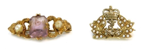 Two 9ct gold bar brooches, comprising a scroll design bar brooch set with central amethyst and two seed pearls, 3cm wide, and a another with seed pearl and central anchor and pearl motif, 2cm wide, 6g all in.