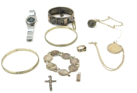 Silver and other jewellery, comprising a silver Victorian hinged bangle, silver swallow brooches, dress rings, necklaces, coin bracelet, lady's Avia Polar Star wristwatch, etc. (a quantity)