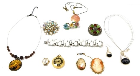 Costume jewellery, to include white metal coloured necklace and chain, two cameo brooches, stone set bracelet, floral posy group, etc. (1 box)