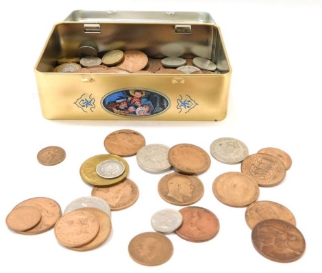 A group of pre decimal coinage, comprising a silver crown, shilling pieces, pennies and half pennies, threepenny bits, commemorative coins, etc. (1 tin)