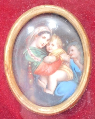 A continental early 20thC portrait miniature, of mother and children, in gilt surround in a fitted case, the portrait miniature 9cm x 7cm, in a gilt lined and velvet case, 23cm high, 21cm wide.