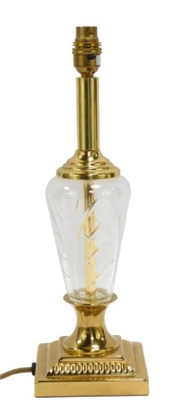 A cut glass table lamp, with gilt metal mounts and floral shade, 37cm high.