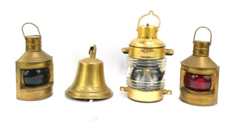 A group of brass ware, comprising a ship's bell, lantern, 29cm high, two others with green and red glass. (4)