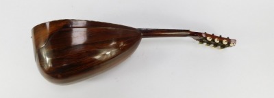 An early 20thC French rosewood mandolin, with mother of pearl and imitation tortoiseshell applied detail, label for Jerone Thibouville Lanny & Co 'Phebe', lacking strings, 60cm long. - 3