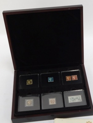 Philately. A cased set of presentation post worn stamps, comprising six cased stamp sets, with certificate of provenance from Philatelics comprising Benjamin Franklin 5 Cent stamp, 1849 20 Cent black Ceres, 1913 £1 Seahorse, 1841 and 1858 Penny Reds, 1840 - 2