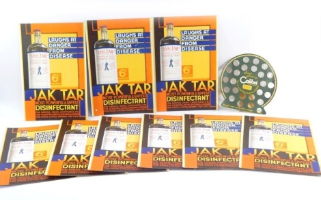 Jak Tar Disinfectant strut advertising cards, showing the bottle, 6D, and strap line " Laughs At Danger From Disease", 38cm x 25.5cm, and a Calibri Finest Flints in display card, with eleven flint boxes still in set, 23cm wide. (10)