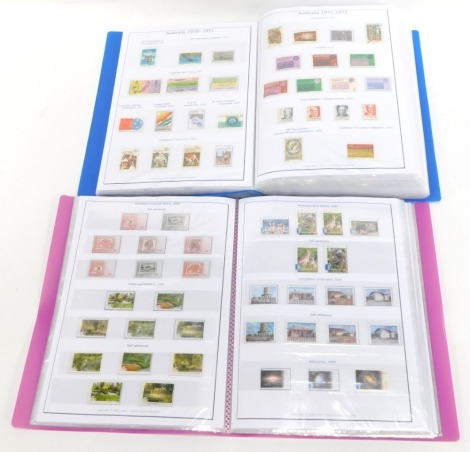 Philately. Various stamp collections from the 1970's to the late 1990's, comprising complete albums, some with photocopied or photographed stamps and some originals, mainly postal worn, enclosed in two albums.