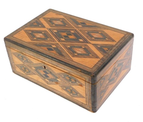A late 20thC parquetry inlaid jewellery box, the diamond top with outer banding, and tray inset, with later blue paper lined interior, with a brass lock, 12cm high, 27cm wide, 19cm deep.