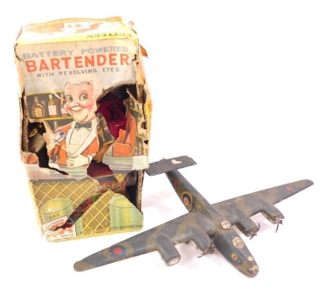 A scratch built model of a Liberator B24 Bomber, and a tin plate battery operated bar tender made by Rosco Toys, boxed, (AF). (2)