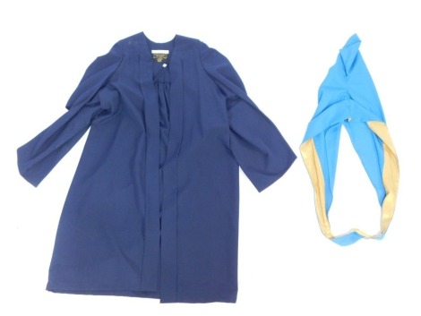 A navy graduation gown, and a blue and gold collar. (2)