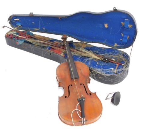 A two piece back violin, with two bow, in fitted case, 55cm long. (AF)