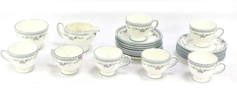 A Wedgwood Rosedale part tea service, comprising seven cups and saucers, milk jug, sugar bowl and eight side plates. (1 tray)