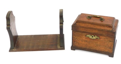 A 19thC mahogany tea caddy, canted top with brass swing handle and keyhole, on bracket feet, 20cm high, 22cm wide, 15cm deep, and a stained pine bookshelf, 20cm high, 29cm wide. (2)