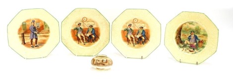 Royal Doulton wares, comprising four cabinet plates, two Imperial Ivory Wedgwood The Two Wellers, Mr Micawber, and Mr Pickwick, and a Royal Doulton Artful Dodger vase. (5)