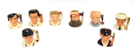 Royal Doulton Cricketing Series small limited edition character jugs, comprising Ian Botham OBE, 676/9500, Dickie Bird MBE, 1044/9500, Jack Hobbs, 415/5000, James Compton CBE, 722/9500, W G Grace, 692/9500, Len Hutton, 2023/9500, Freddie Trueman OBE, 692/