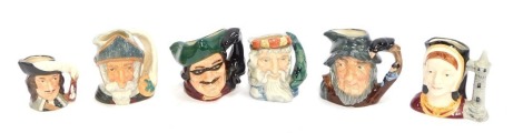 Six Royal Doulton miniature character jugs, comprising Neptune, Rip Van Winkle, Dick Turpin, Don Quixote, and Catherine of Aragon. (6)