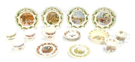 A group of Royal Doulton Bramley Hedge and other collectors plates, to include Candlelight Supper, The Snowball, The Discovery, Entertainment, The Four Seasons tea cups and saucers, a Bunnykin plate and Three Seasons side plates. (1 tray)