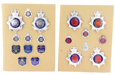 A group of police badges, to include The Metropolitan Police, Traffic Warden Metropolitan Police, School Crossing Patrol, Essex Police, and others. (a quantity)