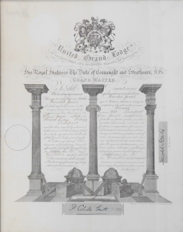 Masonic Interest. A United Grand Lodge Grand Master dated 22nd November 1922, 40cm x 31cm, framed.