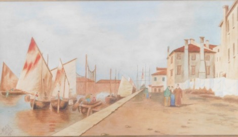 M J Kay (20thC School). Ships in a Mediterranean harbour, watercolour, signed and dated 1901, 16.5cm x 29cm.