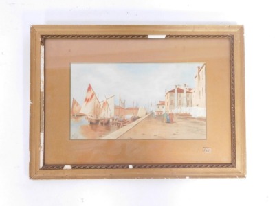 M J Kay (20thC School). Ships in a Mediterranean harbour, watercolour, signed and dated 1901, 16.5cm x 29cm. - 2