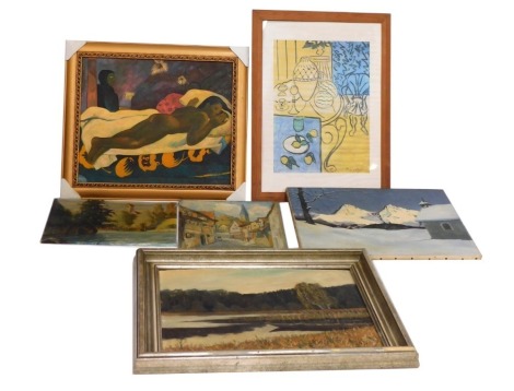 Hales after Gauguin. Nude, oil on canvas, 49cm x 60cm, a Matisse print, and four oils signed Kock, Malik, B Jacnicke and O.L. (6)