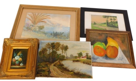 Early 20thC Continental School. Coastal scene, Rudolf Fleischer, Fruhling watercolour, Debois, still life with fruit, oil on canvas and two other pictures. (5)