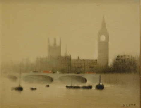 Anthony Klitz (1917-2000). Big Ben from the Thames on a foggy day, oil on canvas, signed, 49cm x 63cm.