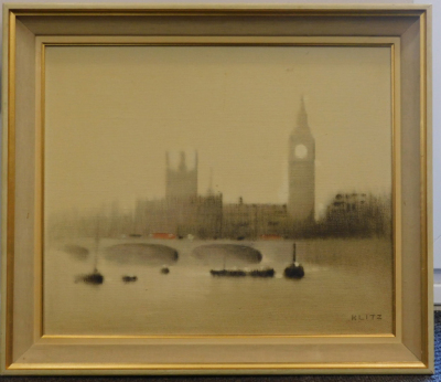 Anthony Klitz (1917-2000). Big Ben from the Thames on a foggy day, oil on canvas, signed, 49cm x 63cm. - 2