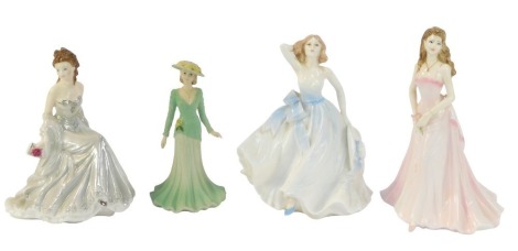 Coalport and Royal Worcester ladies, comprising Cassandra, matt green, Coalport The Willis Collection Artisan's Choice 2003, limited edition 628/750, Ladies of Fashion Carmen 1996, and Royal Worcester Silver Wedding Anniversary Golden Moments. (4)